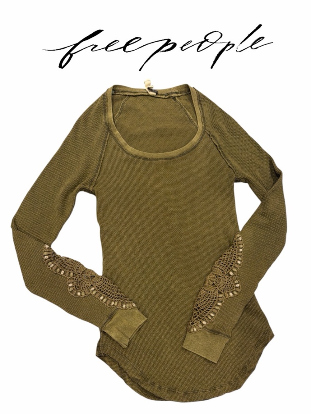 We The Free Olive Green Waffle Knit and Lace Long Sleeve Top - Size S